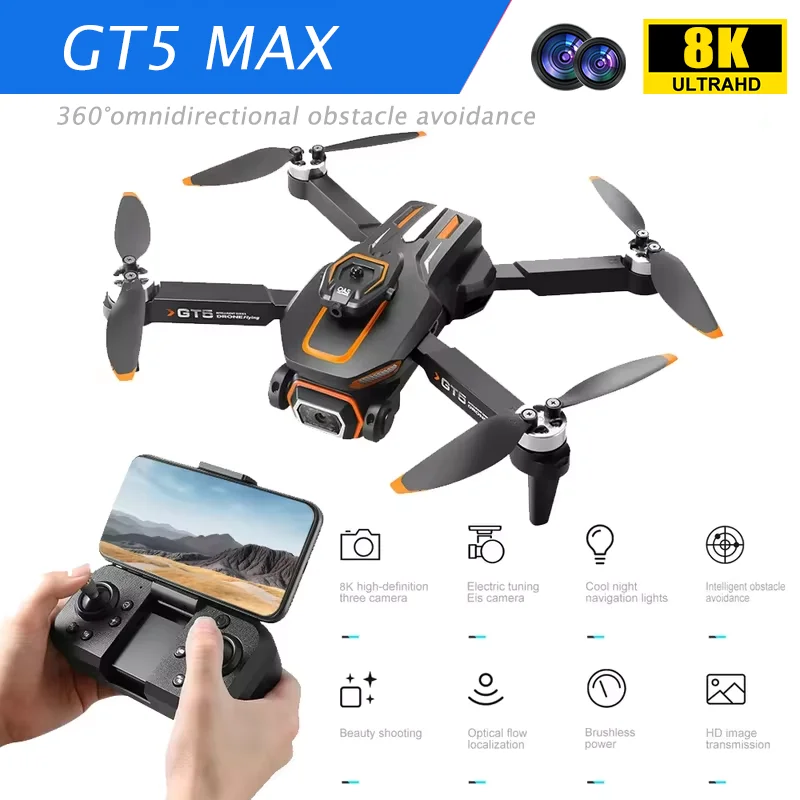 Drone Quadcopter GT5 Mini 8K Professional HD Double Camera Brushless Motor Obstacle Avoidance Aerial Photo Foldable Rc