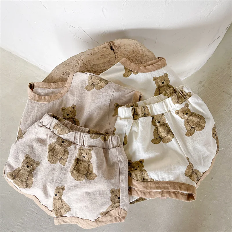 Kids Bear Print Summer Clothing Set Vintage Tee and Shorts