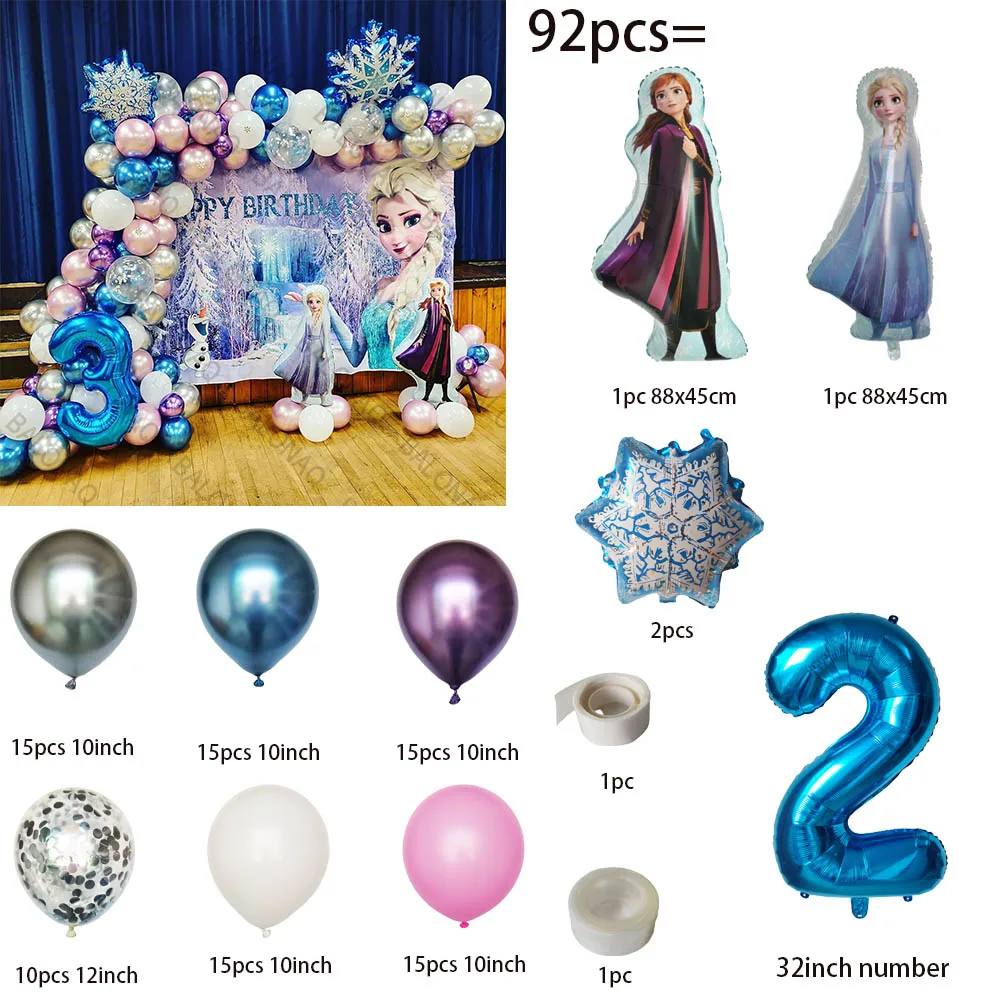 92pcs Disney Theme Background Wall Frozen Party Decoration Elsa Anna Foil Balloons Number Ball Baby Girl Birthday Party Kids