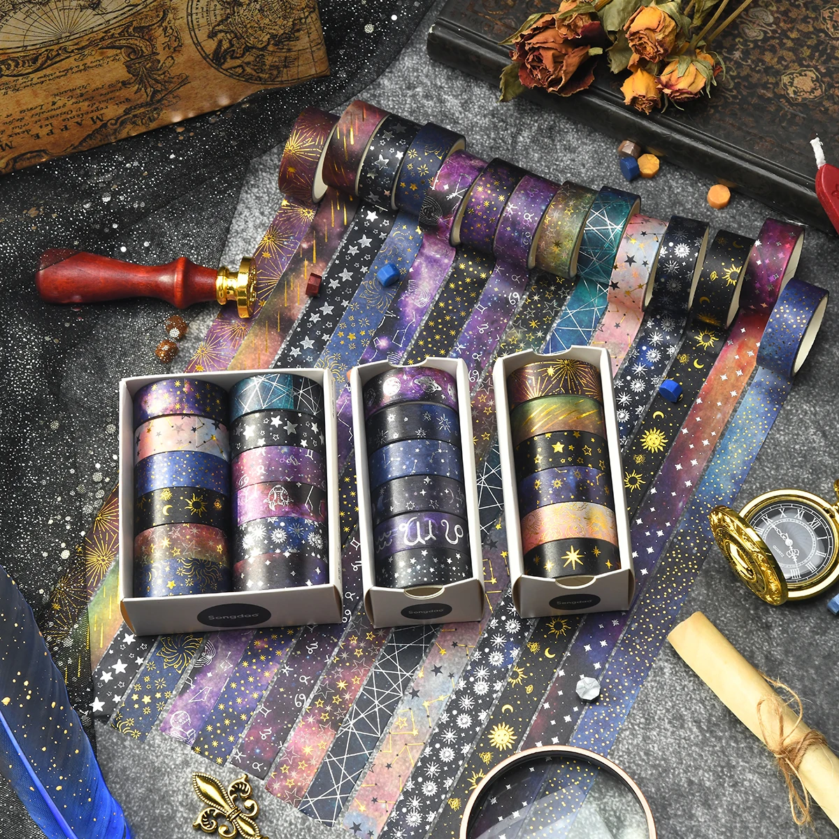 6 rolls of starry sky bronzing pattern washi tape, constellation pattern tape and gift wrapping decoration, gifts for friends 4