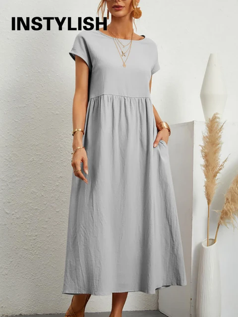 Vintage Solid Midi Dress Casual Short Sleeve Cotton and Linen Harajuku Oversized Long Dress Women Summer Y2K Maxi Sundress 2023 6