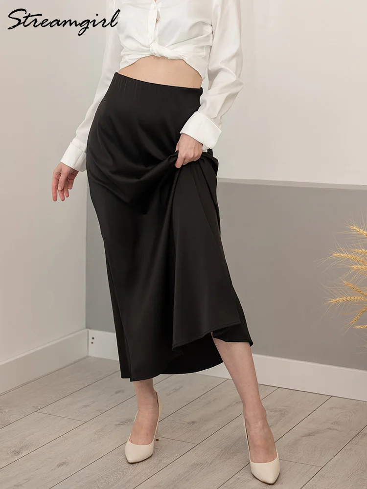 Long Flair Satin Skirts For Women Maxi Black A-line Silk Skirts