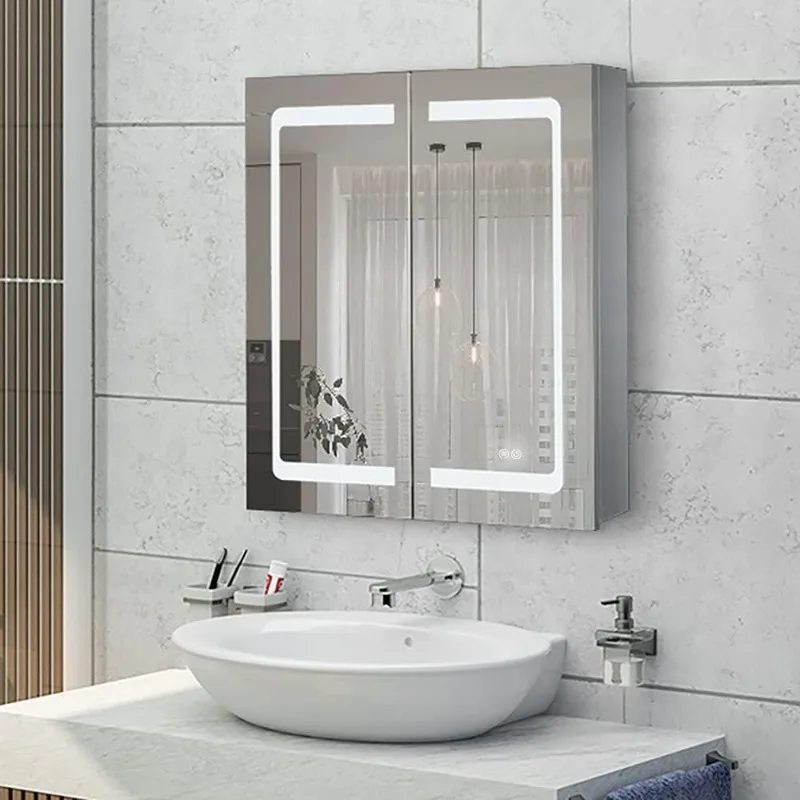 

24 Inch X 28 Inch Illuminated Led Mirror Cabinet for Bathroom Stainless Steel Wall Mounted Medicine Cabinet with Double Touch