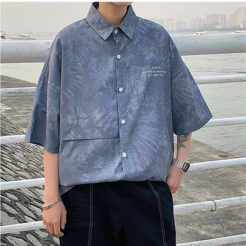 Shirts Men Turn-down Collar Loose Spring Summer Thin Tie Dye Button Short Sleeve Pockets Fashion Casual