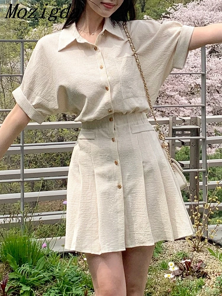 

Summer Striped Print Shirt Dress Women Ruffle Modis Slim High Waist Ladies Dresses Korean Style Pleated Woman Short Sleeve Dress