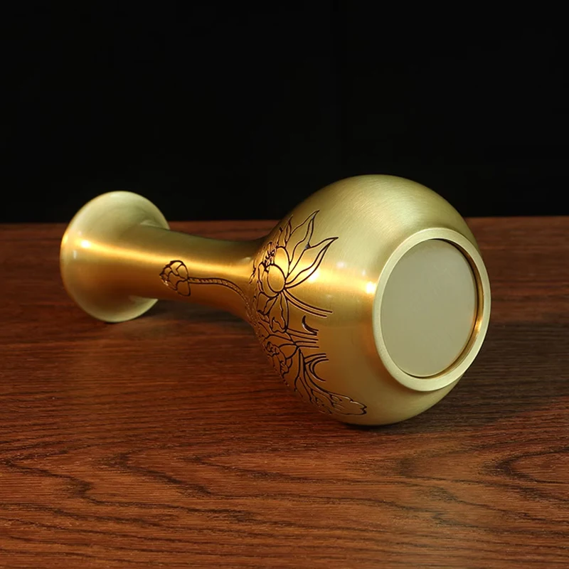 Chinese Style Creative Copper Vases Ornament, Home Living Room Desktop Decorations, Carving Lotus Pattern, Metal Brass Vase, 1Pc