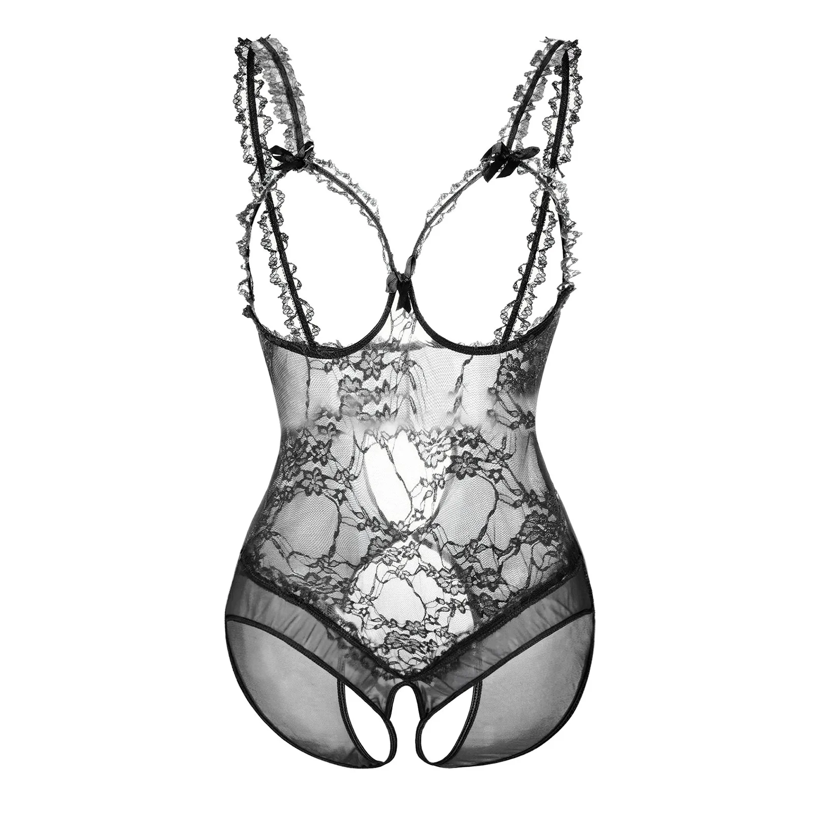 Women's Fun Underwear Lace Open Crotch Dew Breast See Through Sexy Bodysuit Underwear Sleeping Women Night Shirt Rose Satin
