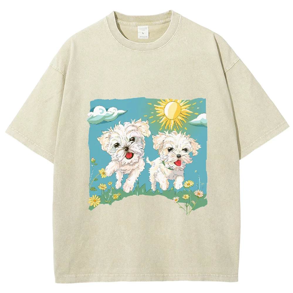 

Y2K Washed Vintage kawayi Cartoon Dogs Unisex Tshirt, Cute Cartoon Maltese Running Tshirt, Streetwear Short T shirt Plus-Size