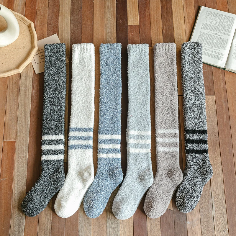 2 Pairs Long Winter Men Socks Over the Knee Warm Thicken No Shedding Floor Coral Fleece Striped Plush Stocking Male Sock New