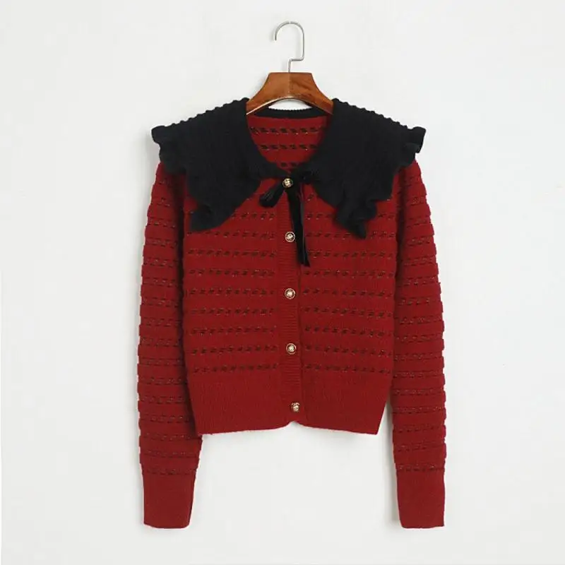 

2024 Spring Fashion Black Ear Edge Single Breasted Cardigans Long Sleeve Knitted Coat Big Flip Neck Bow Sweaters Designer New
