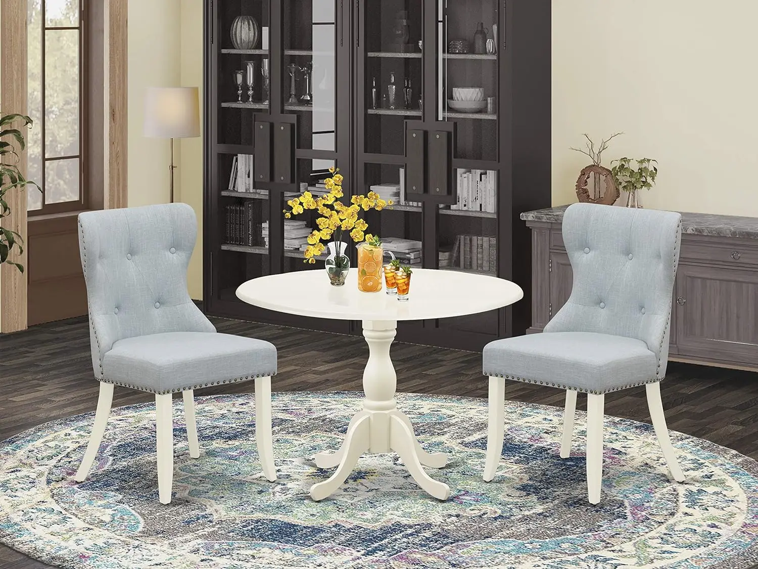 

East West Furniture DMSI3-LWH-15 дюймов, Набор из 3-х предметов для обеденного стола содержит круглый обеденный стол с подвижными складками и 2 детских голубых