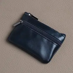 Luxurious Genuine Leather Mini Coin Purse with Keychain and Zipper Closure (Dark Blue)