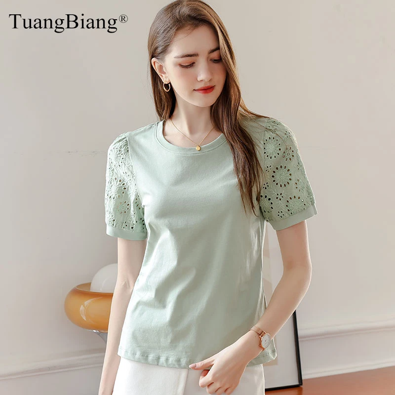 

TuangBiang Summer 2023 Lace Hollow Out Short Sleeve Cotton T-Shirts Jacquard Female Casual Clothing Classic O-Neck Eyelet Tops