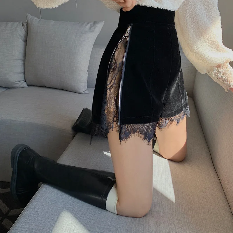 Women's High Waist Straight Shorts Adjustable Slim Boots Sexy Shorts  Fashion Lace Stitching Gold Velvet Shorts Women's Clothing