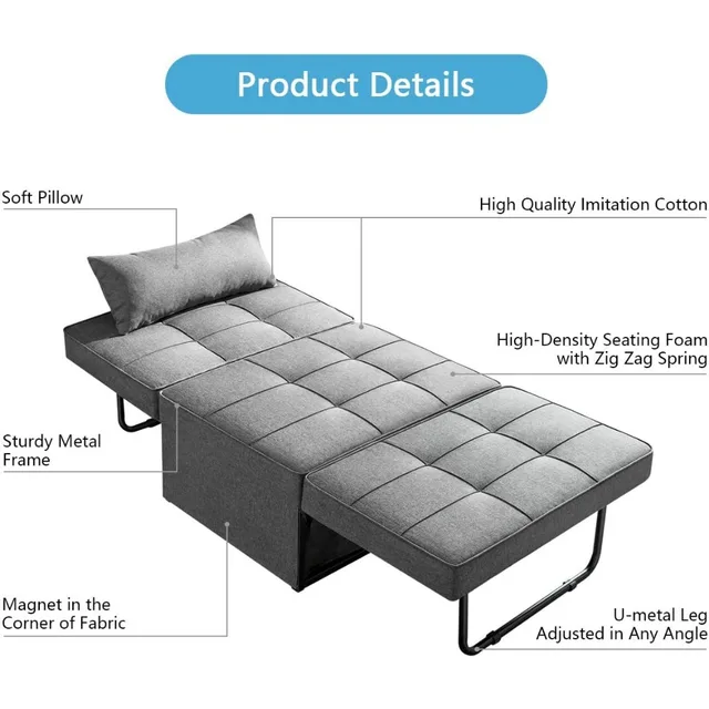 Sofa Bed, Convertible Chair Multi-Function Folding Ottoman Modern Breathable Linen Guest Bed with Adjustable Sleeper, Sofa Bed 5