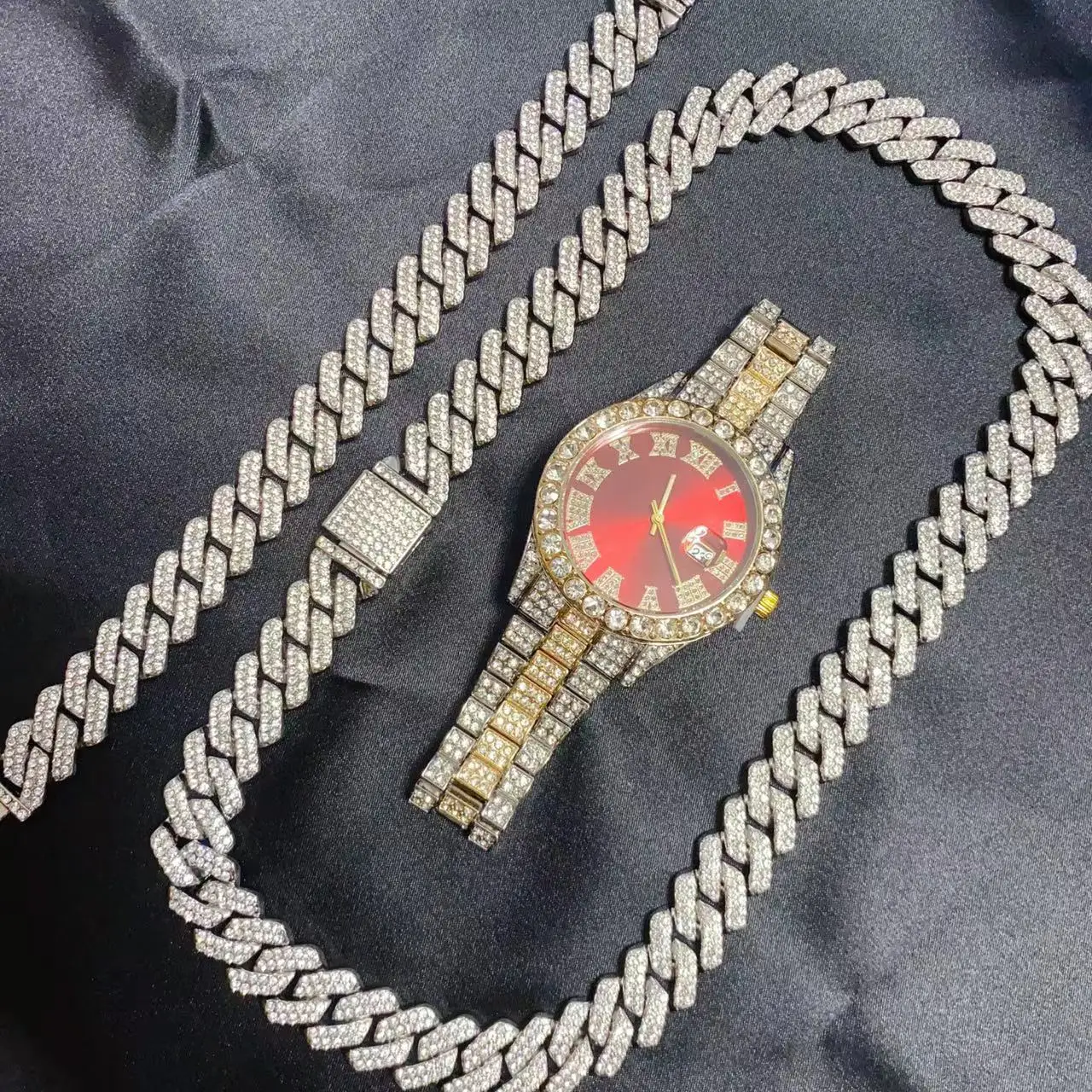 3PCS Calendario Hip Hop da donna da uomo Quadrante rosso Orologio Collana Bracciale Set di gioielli Bling Oro Sier Diamond Uomo Catena cubana_voghion.com