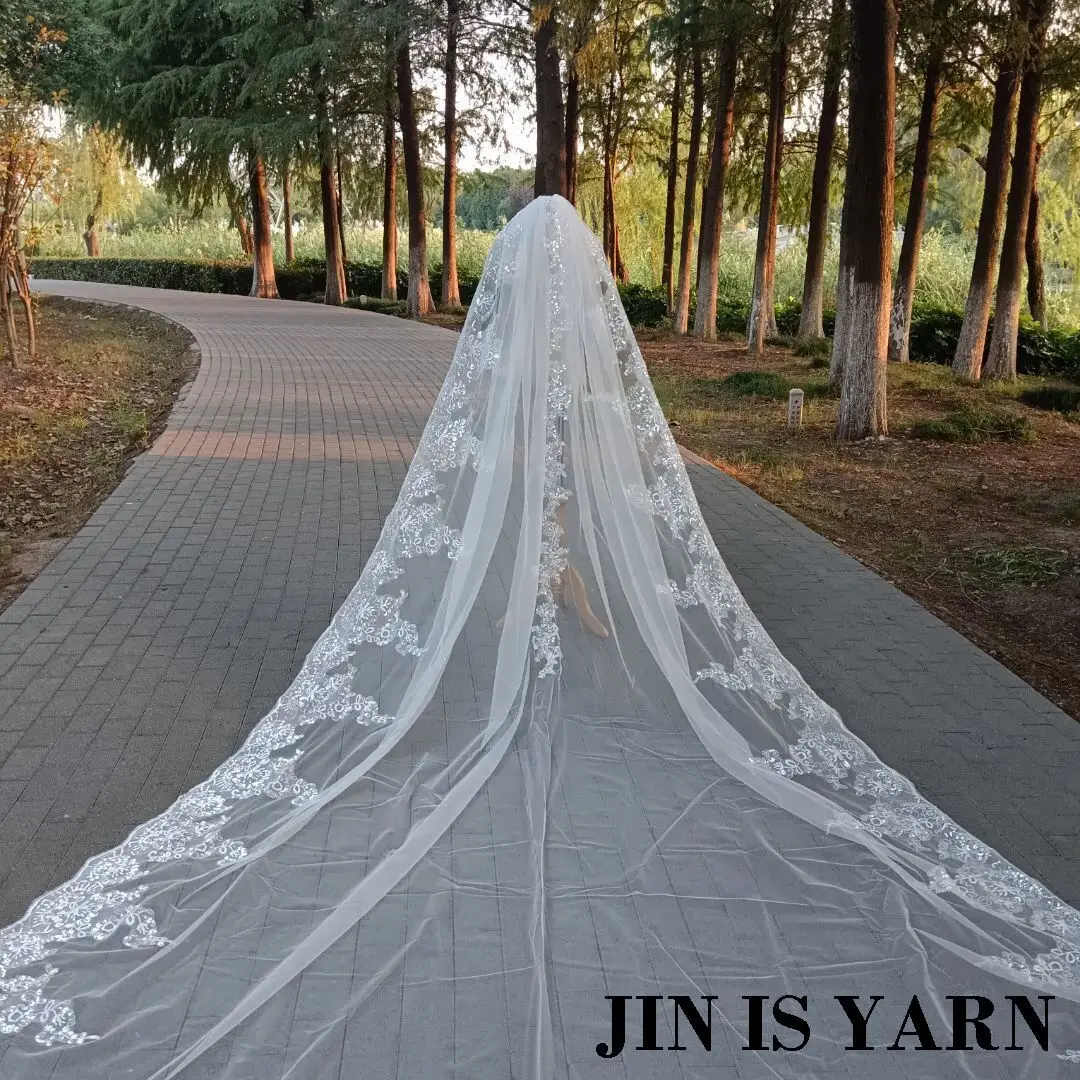 Real Photo Wedding Veil Lace Edge Long Bridal Veil Applique Sequins With Comb Cathedral One-Layer 5m bridal veil