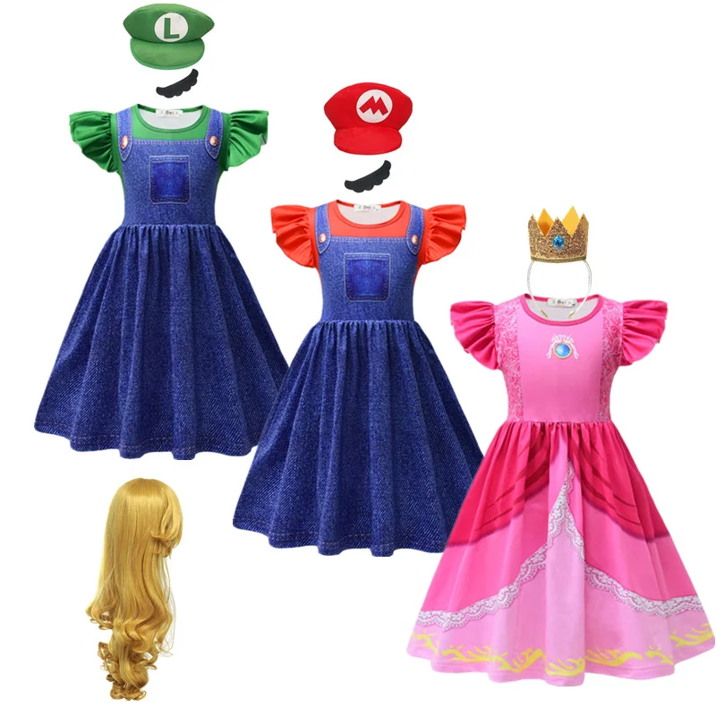 Cosplay Costume Kids Girls Dress Halloween Dress Outfit Anime Super Bros Costume for Kids Halloween Party Dresses Luigi-Lover Brothers Peach Princess Cosplay Clothes Girls Fancy Dress