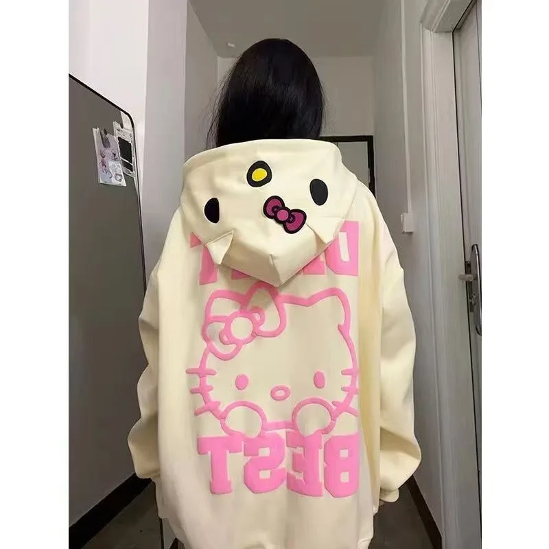 

Kawaii Sanrio Anime Hello Kitty Dacron Sweater Jacket Cute Cartoon Vintage Lazy Top Loose Fitting Hooded Sweater for Girls