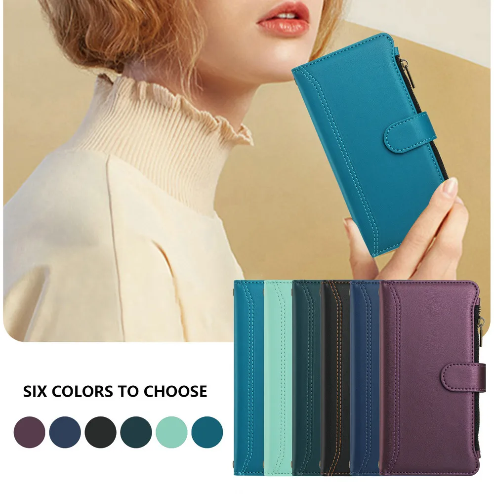 Crossbody Leather Zipper Wallet Case with 9-Card Holder and Flip Cover
