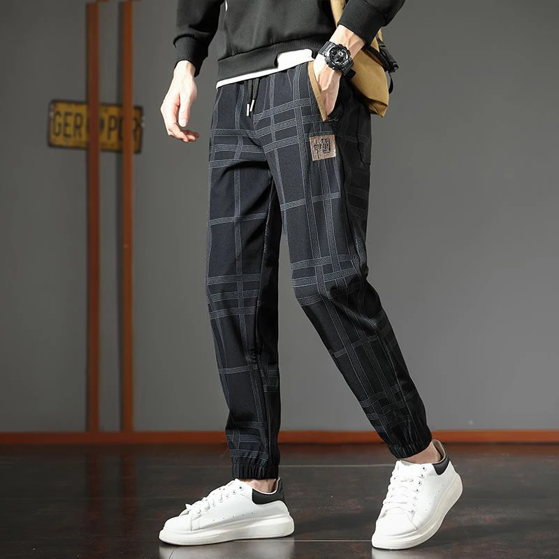 

Spring and Summer Boutique Men's Fashion All-match Plaid Casual Pants Autumn Chinese Embroidery Bunched Feet Harem Pants