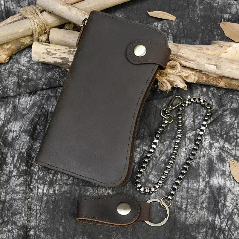 Black Leather Bifold Wallet with Iron Chain for Men