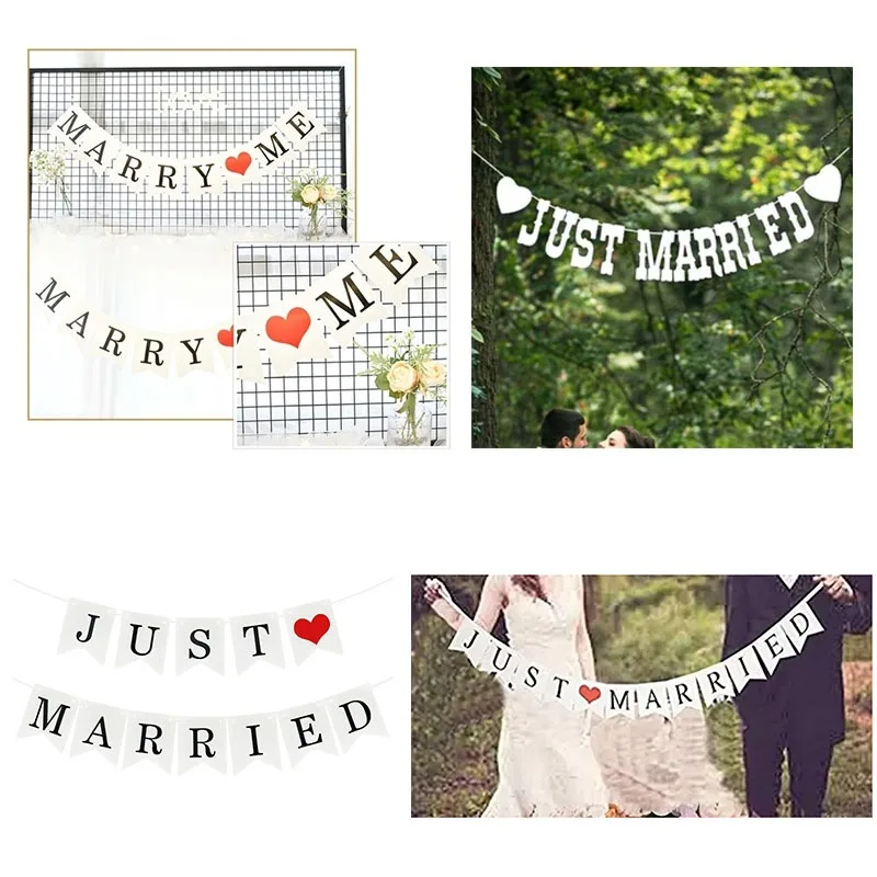 Vintage Pull Flag Bunting Set Just Married Wedding Banner with Floral Accents Bridal Shower Decor Photo Booth Props
