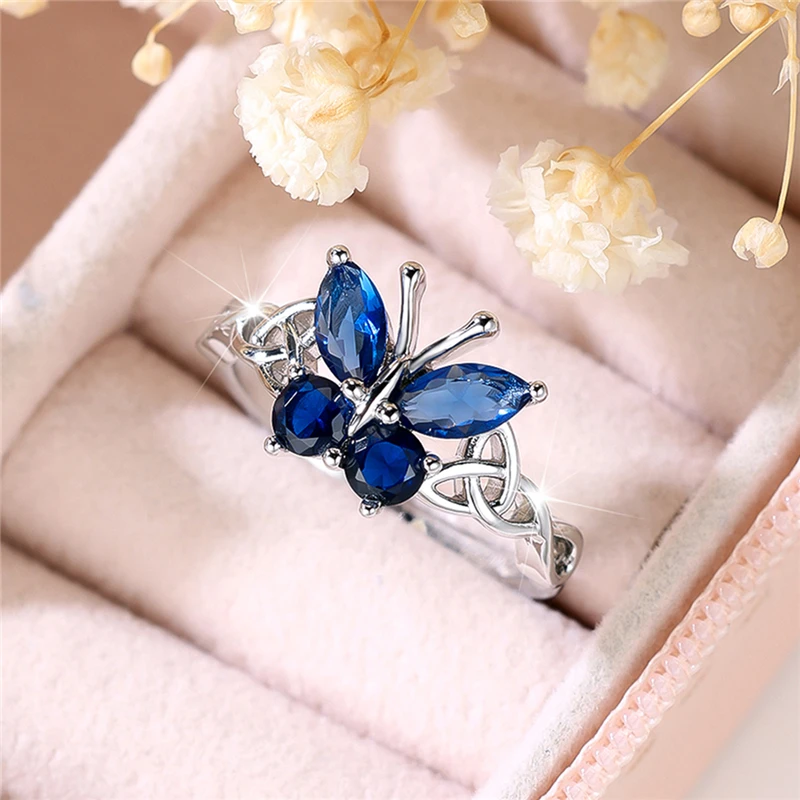 Luxury Female Aqua Blue Zircon Stone Butterfly Engagement Ring Silver Color Wedding Jewelry For Women