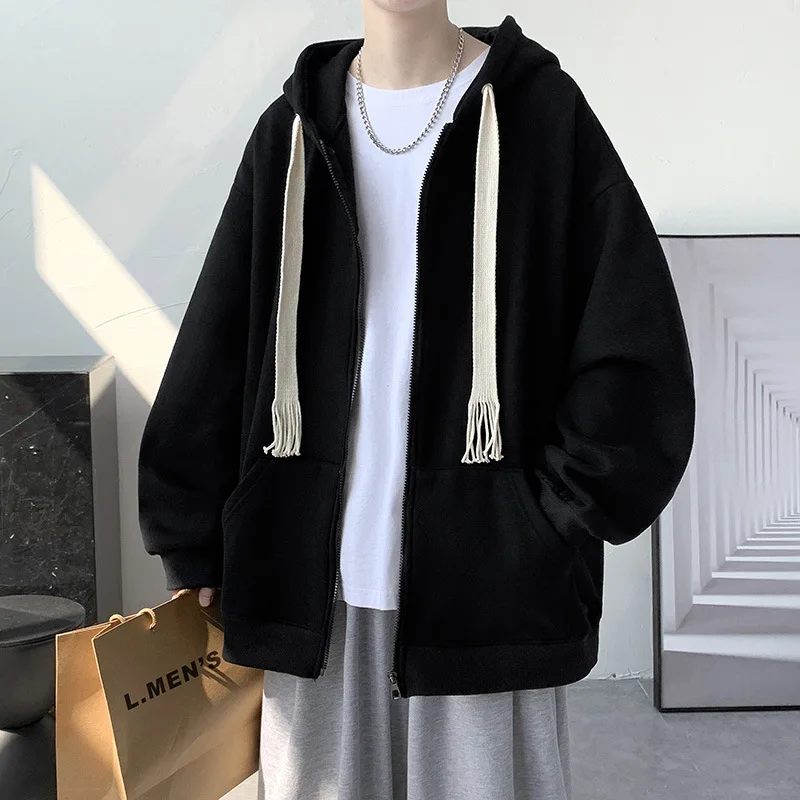

2023 New Vintage Drawstring Solid Hooded Sweater for Men Spring and Autumn Outerwear Trend Loose Cardigan Casual Wear for Men