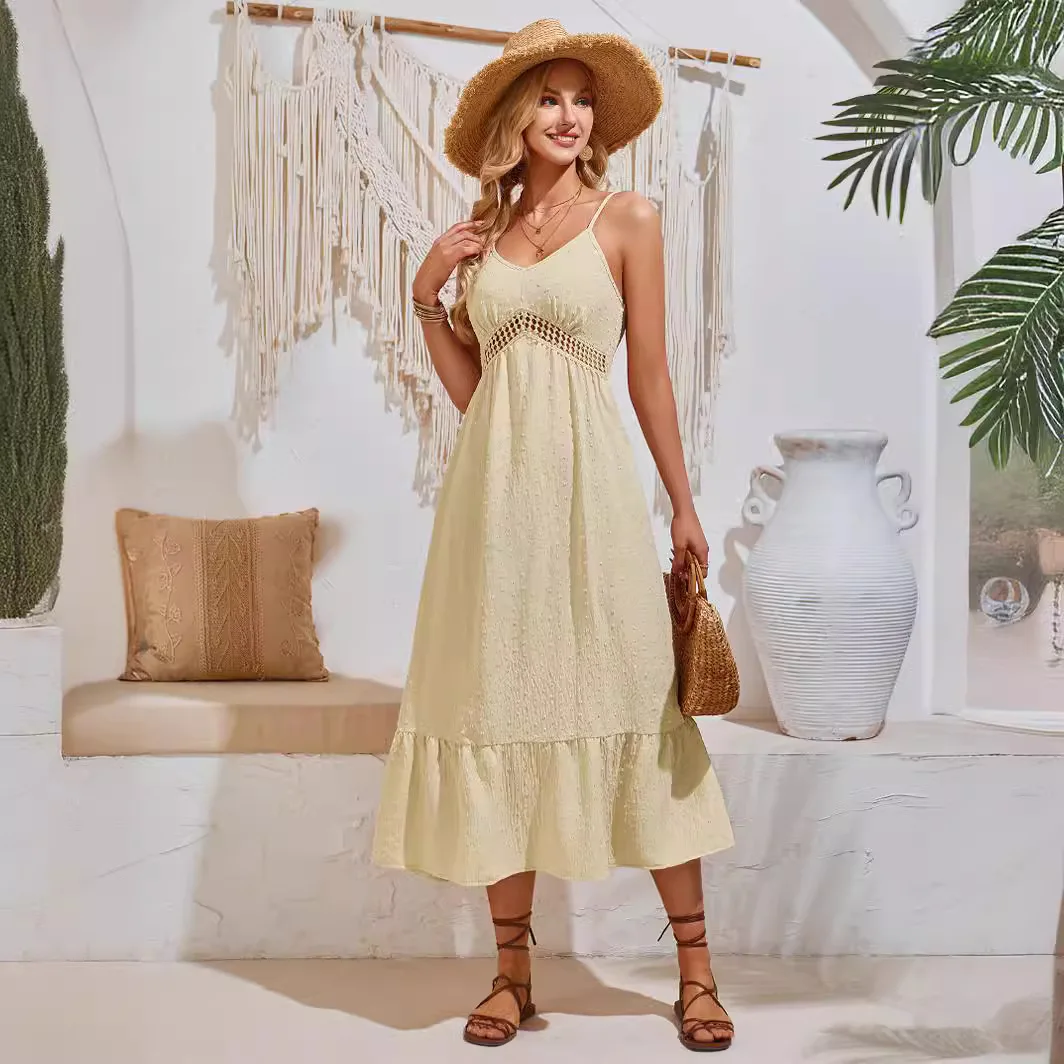 

Women's Summer Solid Dress Hollow Out A-Line Long Dresses Chic Beach Knee Length Sundress Vacation Travel Outfit Women Clothing