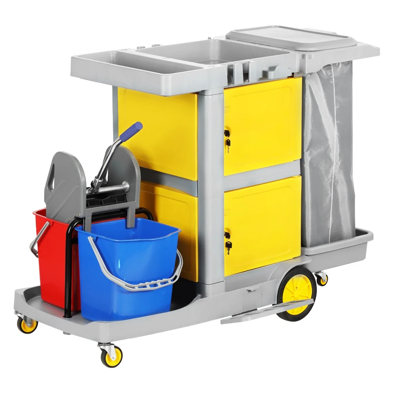 

Good Quality Plastic Hand Push Cleaning Carts Hotel Cleaning Service Janitor Cart Trolley With Double Wringer Bucket