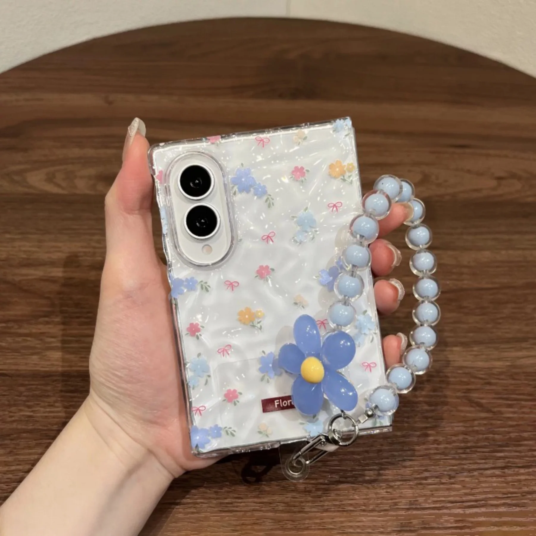 Cute Blue Pink Florals Wrinkle Clear Case with Flower Chain