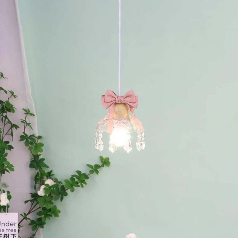 

Pink Bow Crystal Glass Pendant Lamps Cute Girl Room Decor Lamp Romantic Children's Room Princess Room Bedside Suspension Lights