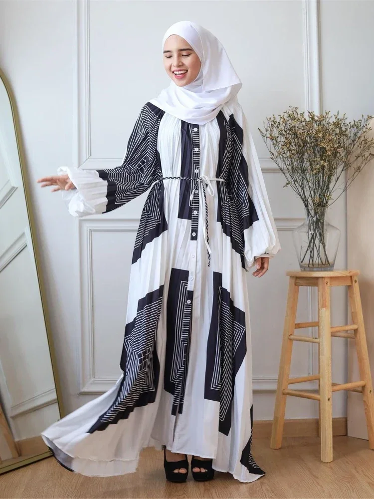 Hijab Muslim Dress Print Pleated Lantern Sleeve Loose Abaya Dubai Casual African Dresses for Women Robe Femme Musulmane Vestidos