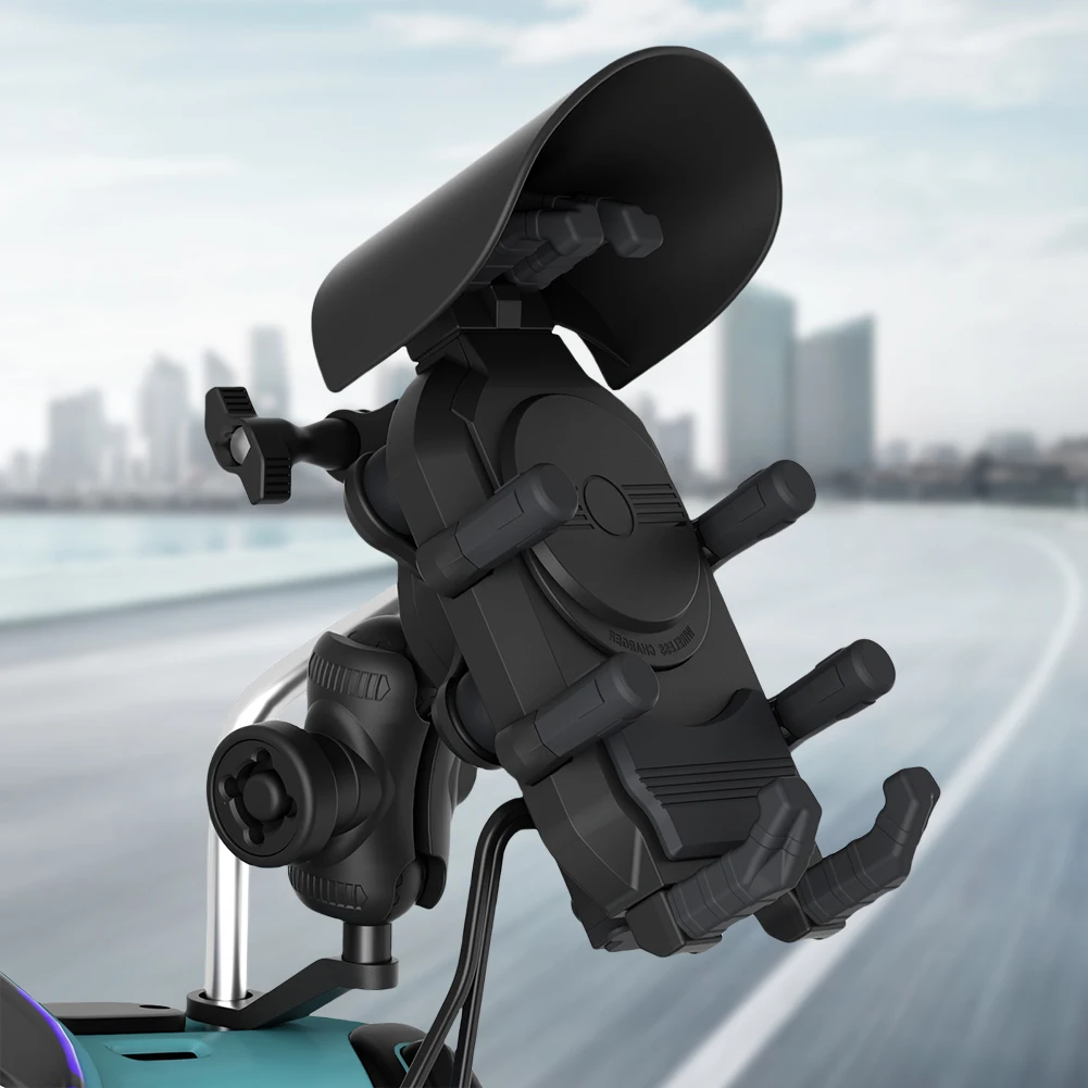 15-W-Motorrad-Handyhalterung mit kabelloser Ladefunktion – Lenkerversion mit Sonnenblende