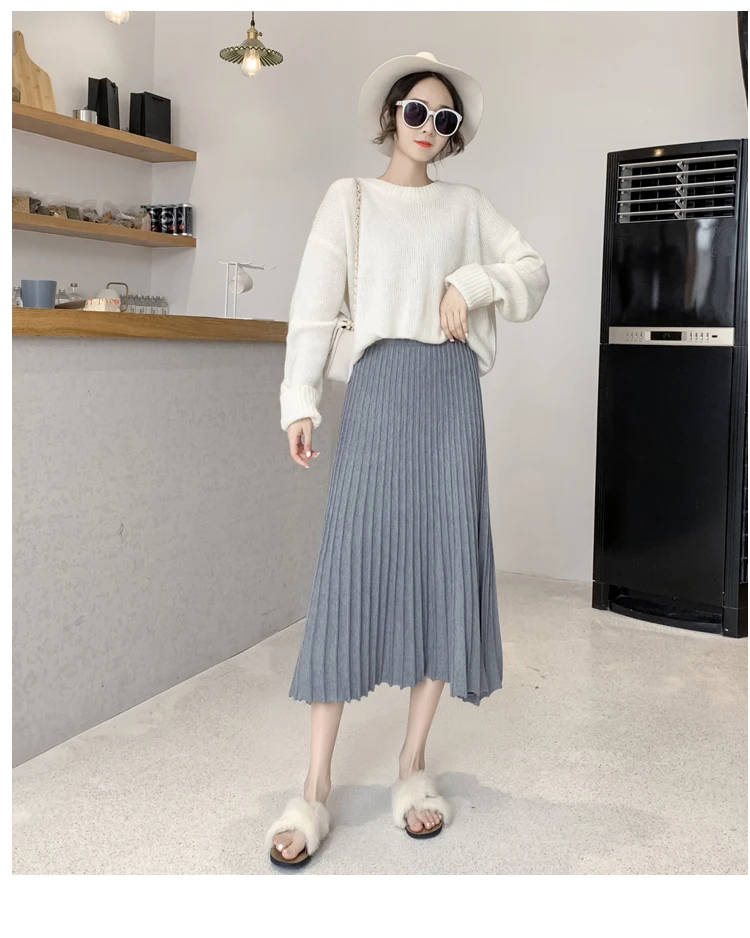 

2022 Autumn and Winter Wear Knitted Half-Length Pleated Elastic Waist With Long A-Shaped Skirt