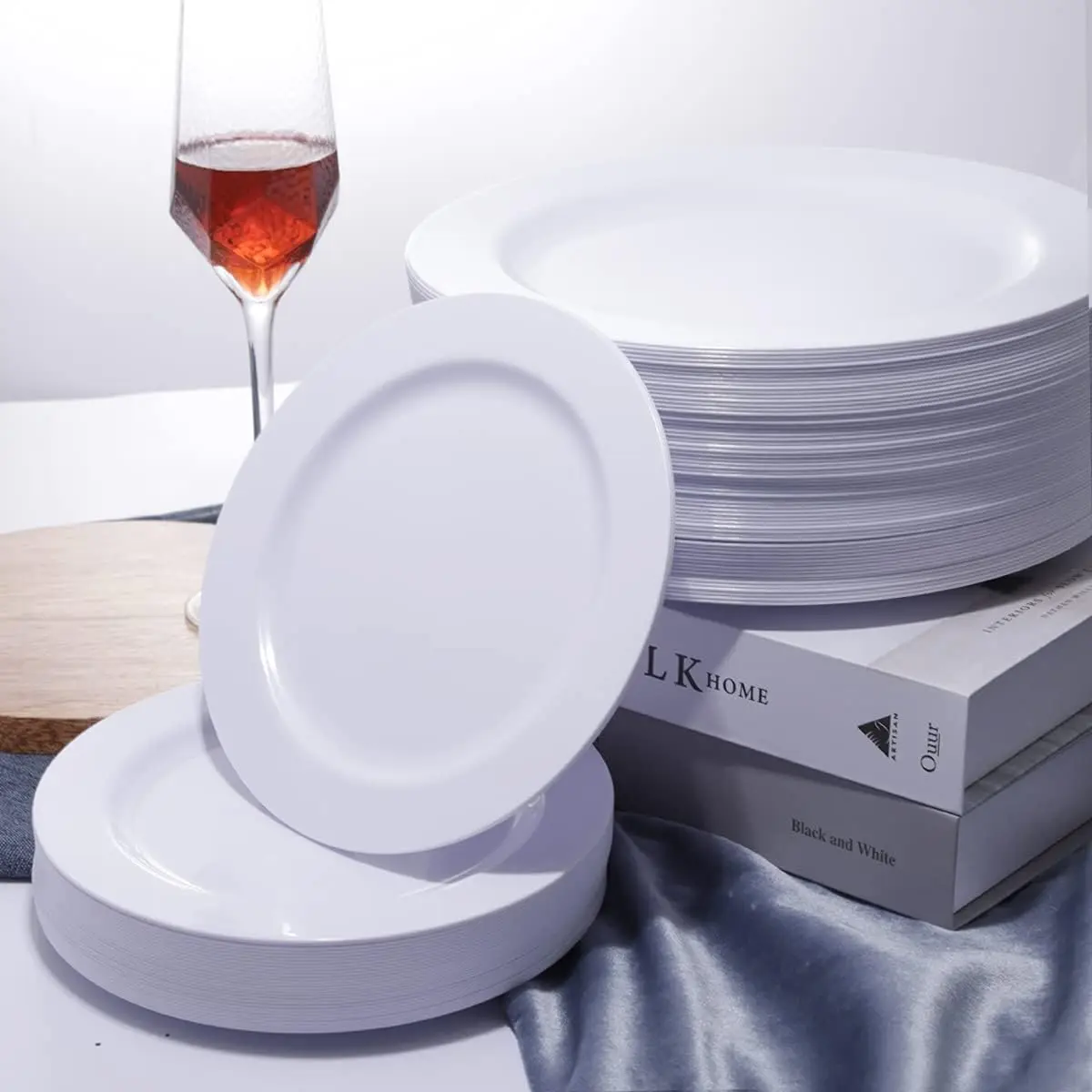 120Pcs White Glossy Plastic Plates: 60 Dinner (10.25in), 60 Dessert/Salad (7.5in), Heavy Duty, Disposable