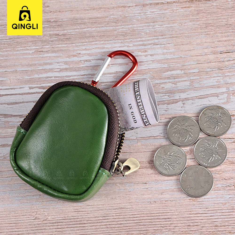 New Cowhide Coin Purse Genuine Leather Mini Wallet Carabiner Headset Coin Bag with Key chain Women's Bag Pendant Change Wallet