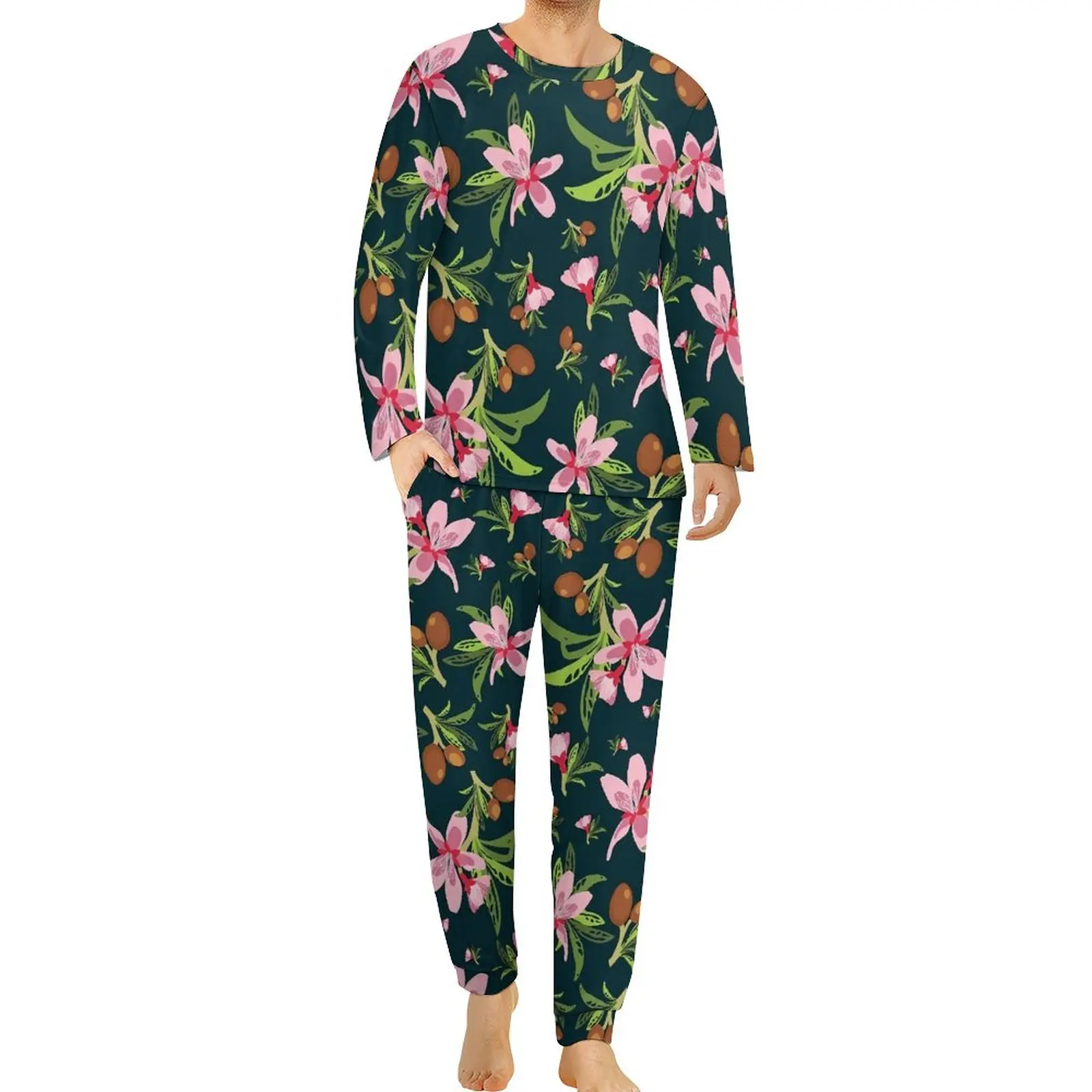 

Пижама с Тропическими Цветами, Весенняя зеленая, розовая ночная Пижама с цветами, Мужская пижама из 2 предметов с принтом и длинным рукавом, милые пижамные комплекты большого размера
