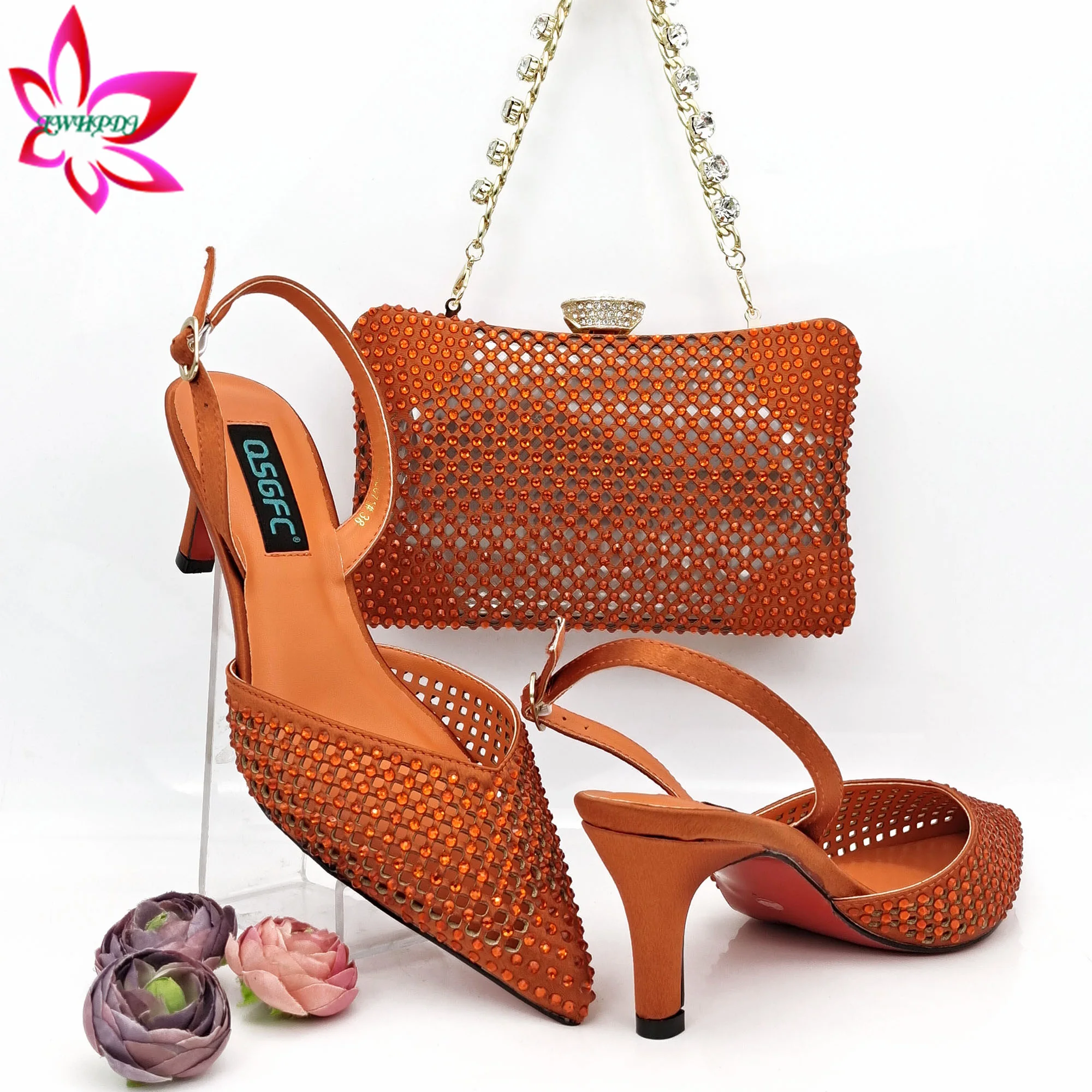 

Fashionable New Arrivals Nigerian 2024 Design Women Shoes and Bag Set in Orange Color Decorate with Rhinestone for Party
