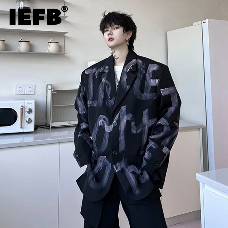 

IEFB Korean Style Luxury Suit Coat Trend Men Autumn New Printing Letter Pattern Casual Blazers Personality Male Clothing 9C1870