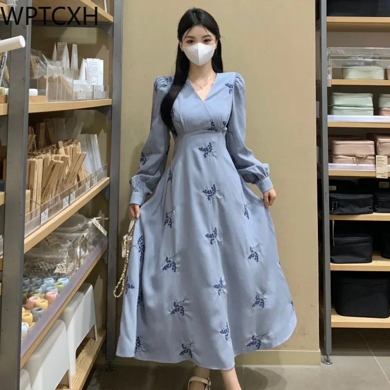 

2024 Female Chiffon Dress Spring and Autumn New Plus-size Women's Dress French V-neck Embroidery Long Sleeve Waist Long Skirt