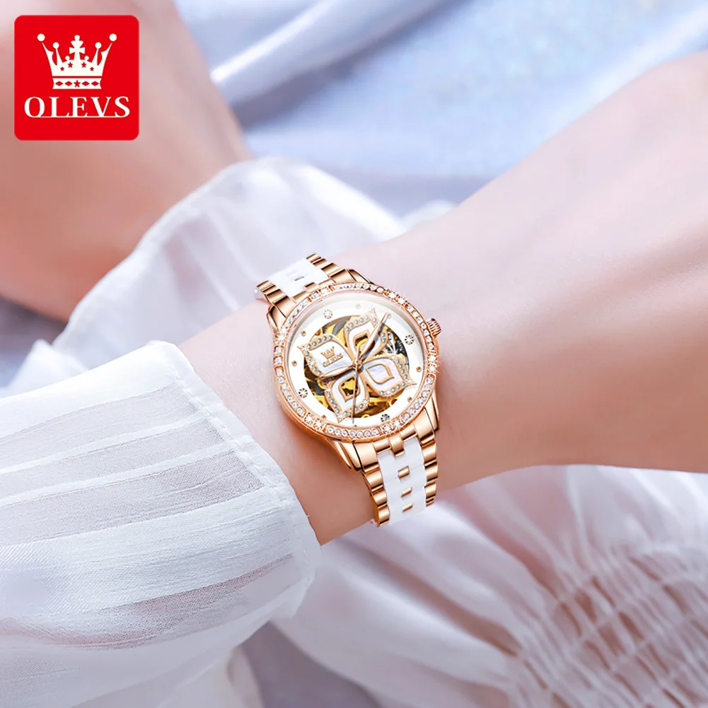 OLEVS 6612 Woman Automatic Watches Fashion Hollow Mechanical Watch For Women Ceramic Steel Strap Waterproof Ladies Wristwatch