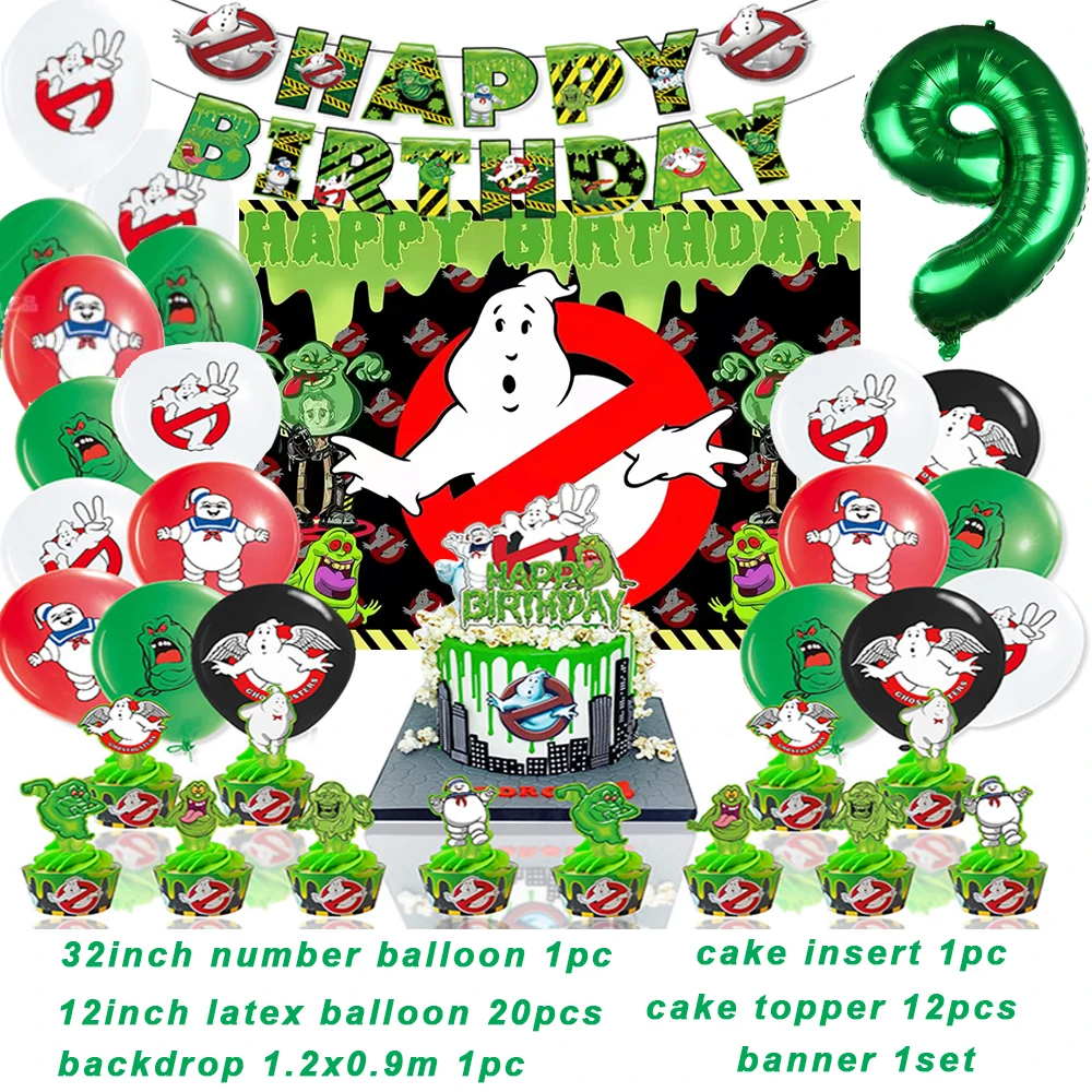 Cartoon Ghostbusters Thema Geburtstags feier liefert Jungen grünen Geist Ballon Banner Hintergrund Kuchen Topper Kinder Baby Dusche Geschenk – Detail 21