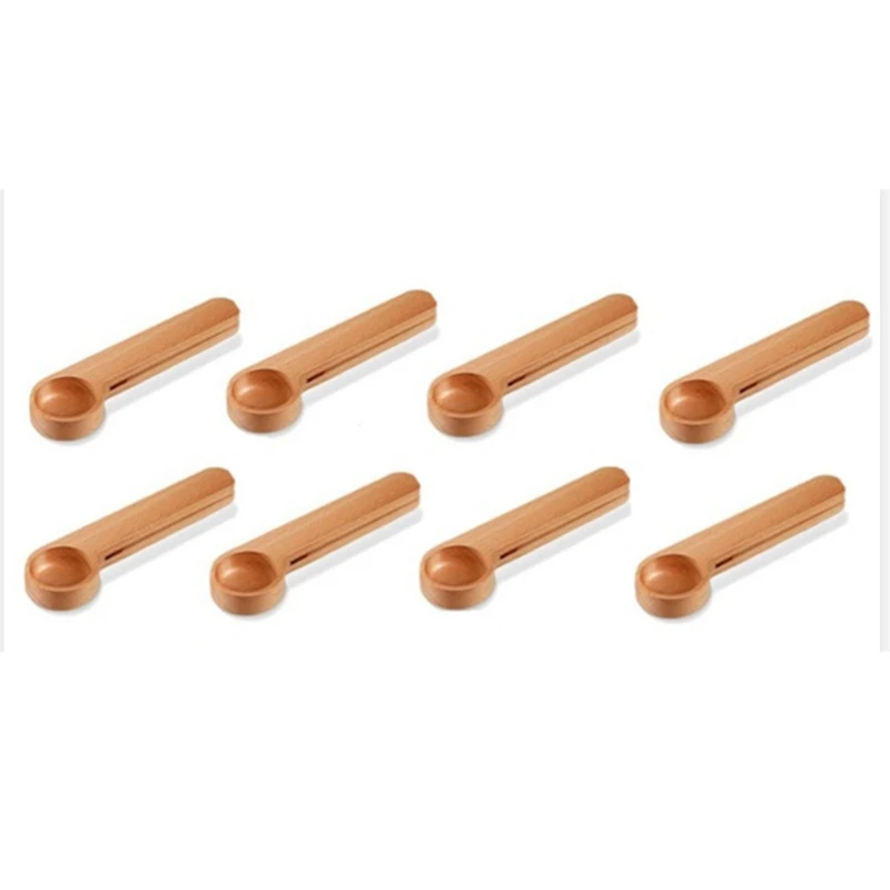 8pcs Wooden Coffee Scoop And Bag Clip Measure Spoon 2in1 Bags Sealer