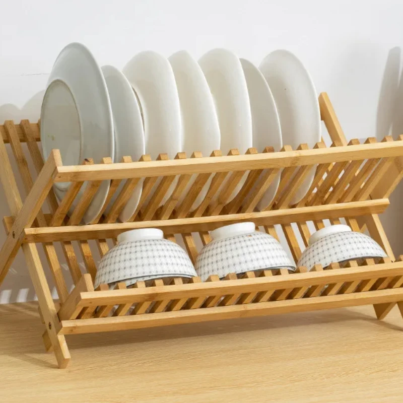 Folding Bamboo Dish Drainer Utensil Drying Rack Holder Wooden Plate Storage Rack Kitchen Space-Saving Dish Organizer