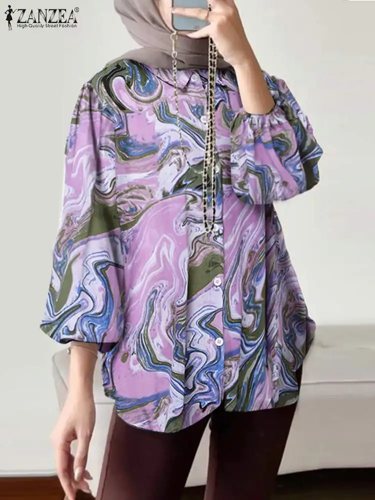 

ZANZEA Bohemian Floral Printed Muslim Blouse Woman Puff Sleeve Lapel Neck Shirt Autumn Elegant Party Chemise Femme Casual Blusas