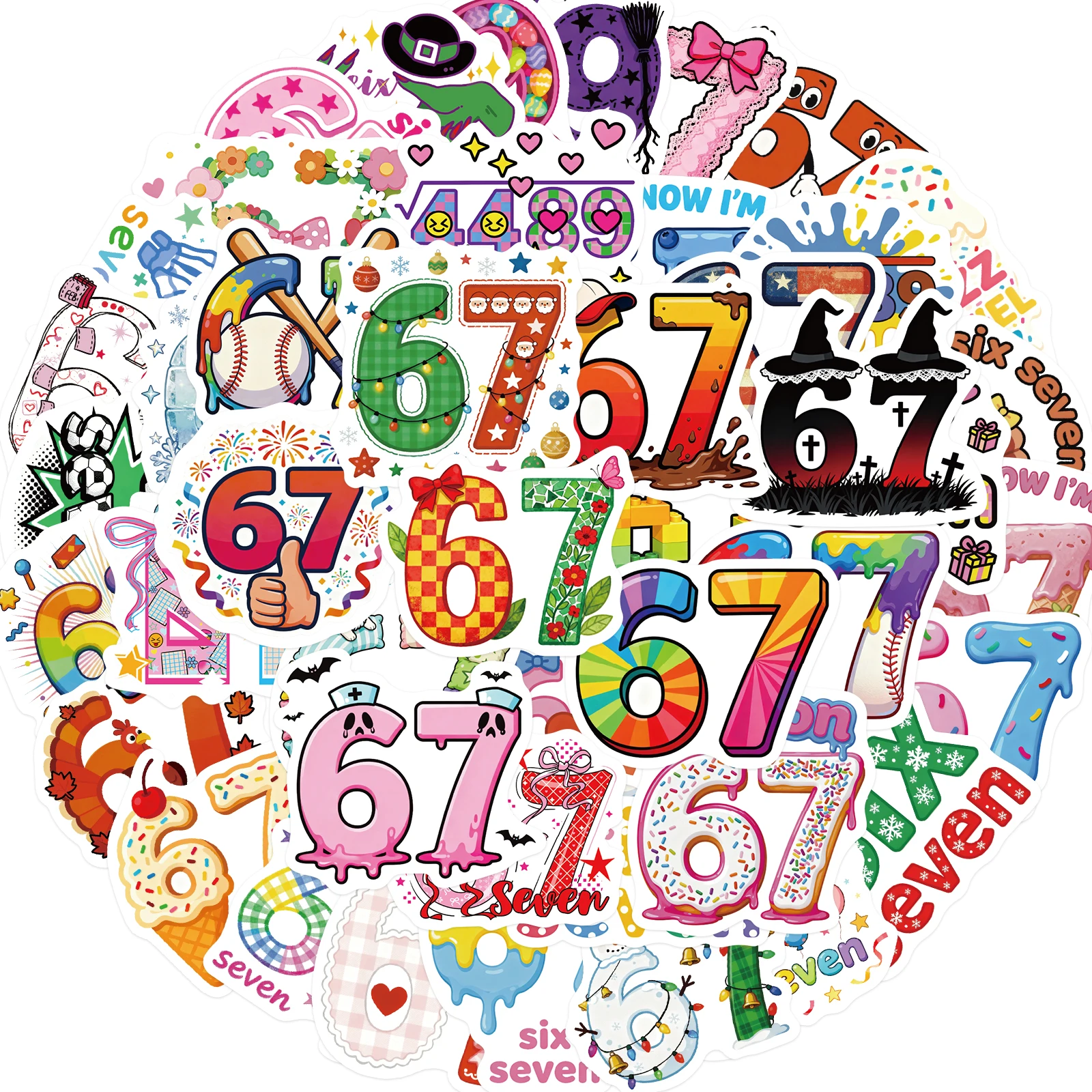 50개입 여섯 번째 일곱 번째 스티커 재미있는 6 7 데칼 방수 비닐 선물 성인 청소년용 전화기 물병 여행가방 노트북 장식