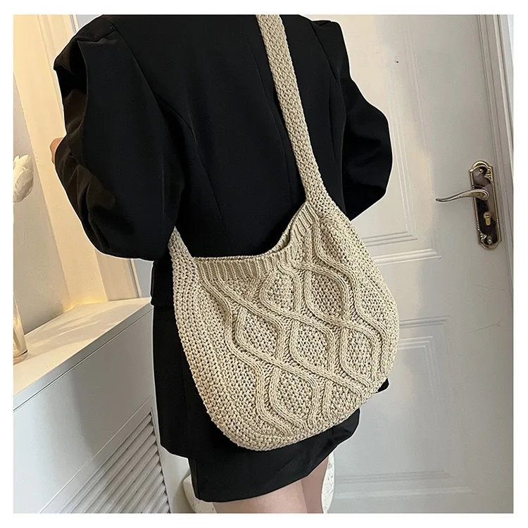 

Casual Shoulder Bag Khaki Morandi Tote Fashion Korean Knit Simple Solid Color Designer Vintage Handwoven Diamond Lattice Pattern