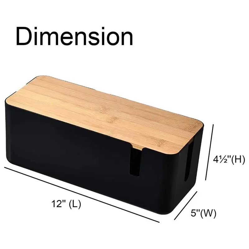 대나무 뚜껑이 있는 2X 케이블 관리 상자 연장 코드용 소형 케이블 정리 상자 전원 스트립 서지 보호기(검은색)